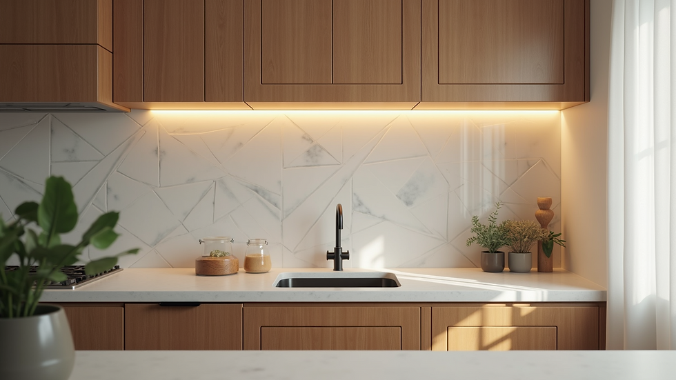 Close-up view of kitchen cabinets with geometric design elements