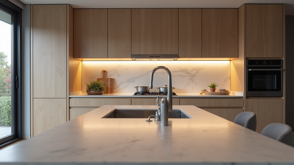 Eye-level view of sleek modern kitchen cabinetry with integrated lighting