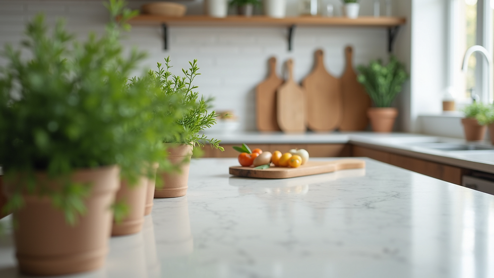Eye-level view of kitchen island with decorative plants and wooden cutting boards