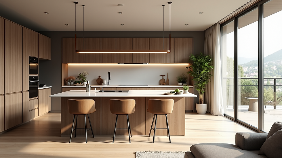 Wide angle view of a multifunctional kitchen with an island and built-in seating