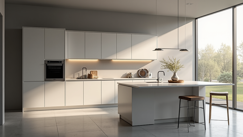 Eye-level view of sleek modern kitchen with minimalist cabinetry