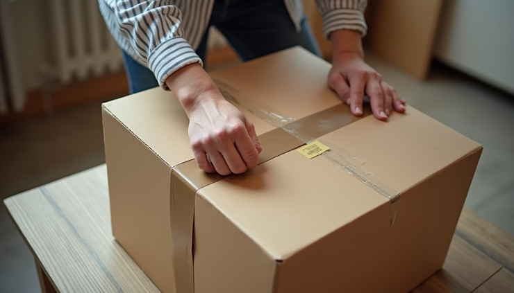 High angle view of a person sealing a medium-sized moving box with packing tape