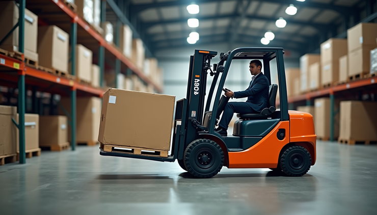 Close-up view of a forklift lifting a heavy oversized crate in a warehouse