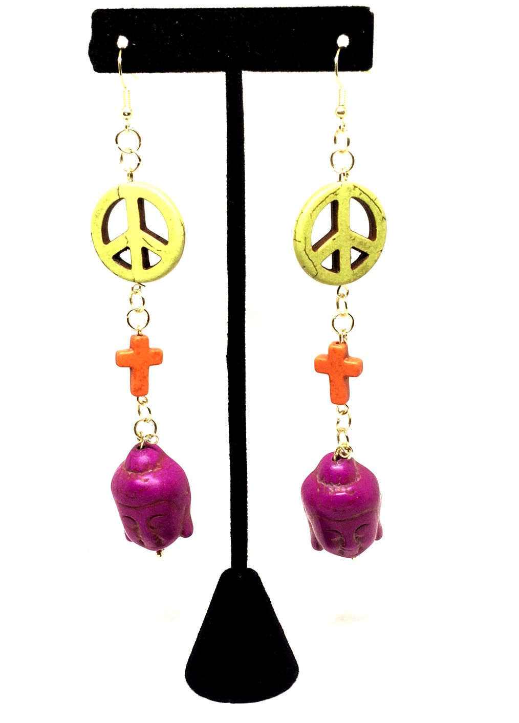 Peace Cross Buddah Symbol Dyed Turquoise Earrings