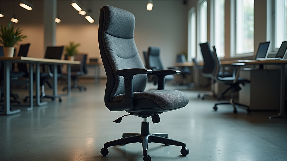 High angle view of a fully assembled office chair after repair