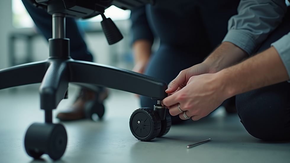 Close-up view of a technician fixing an office chair wheel