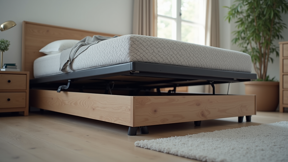 Eye-level view of a bed frame with a pneumatic lift mechanism partially raised showing storage space underneath