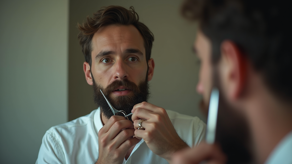 Eye-level view of a man trimming his beard with scissors in front of a mirror