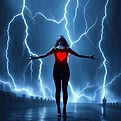 A lone feminine figure standing in a torrential thunderstorm, head tilted back, arms wide