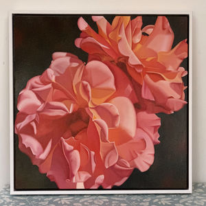 Original oil painting of coral coloured roses in a white float frame. 
