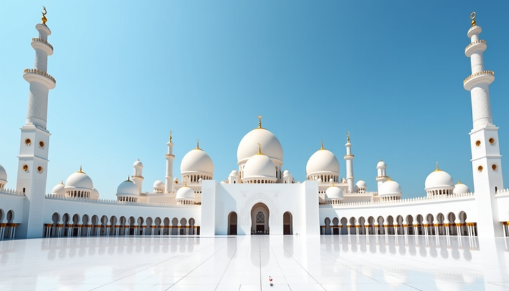 Eye-level view of the Sheikh Zayed Grand Mosque with its white domes and minarets under a clear blue sky