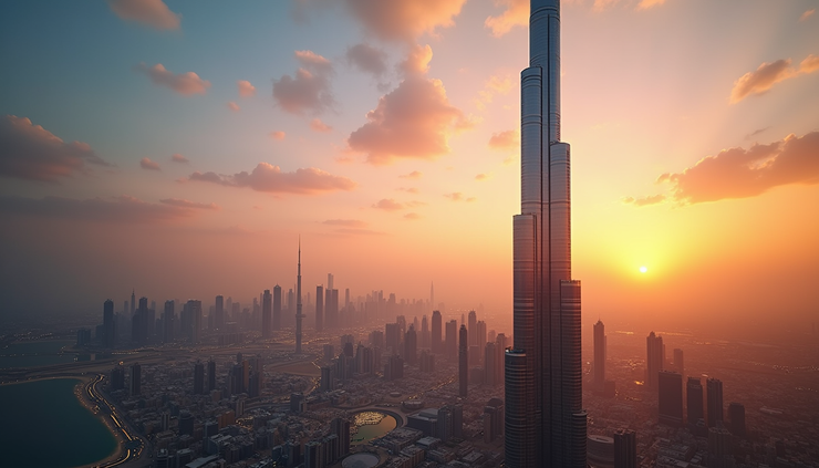 Eye-level view of Burj Khalifa towering over Dubai skyline at sunset
