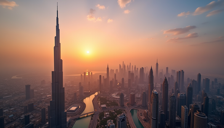 Eye-level view of the Burj Khalifa towering over Dubai’s cityscape at sunset