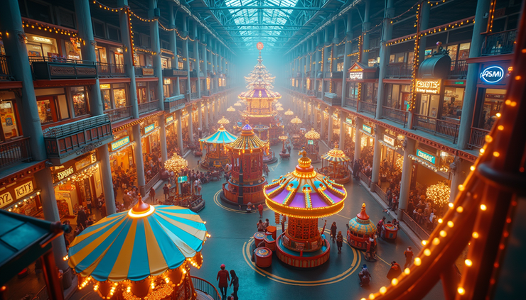 High angle view of IMG Worlds of Adventure theme park with colorful rides and attractions