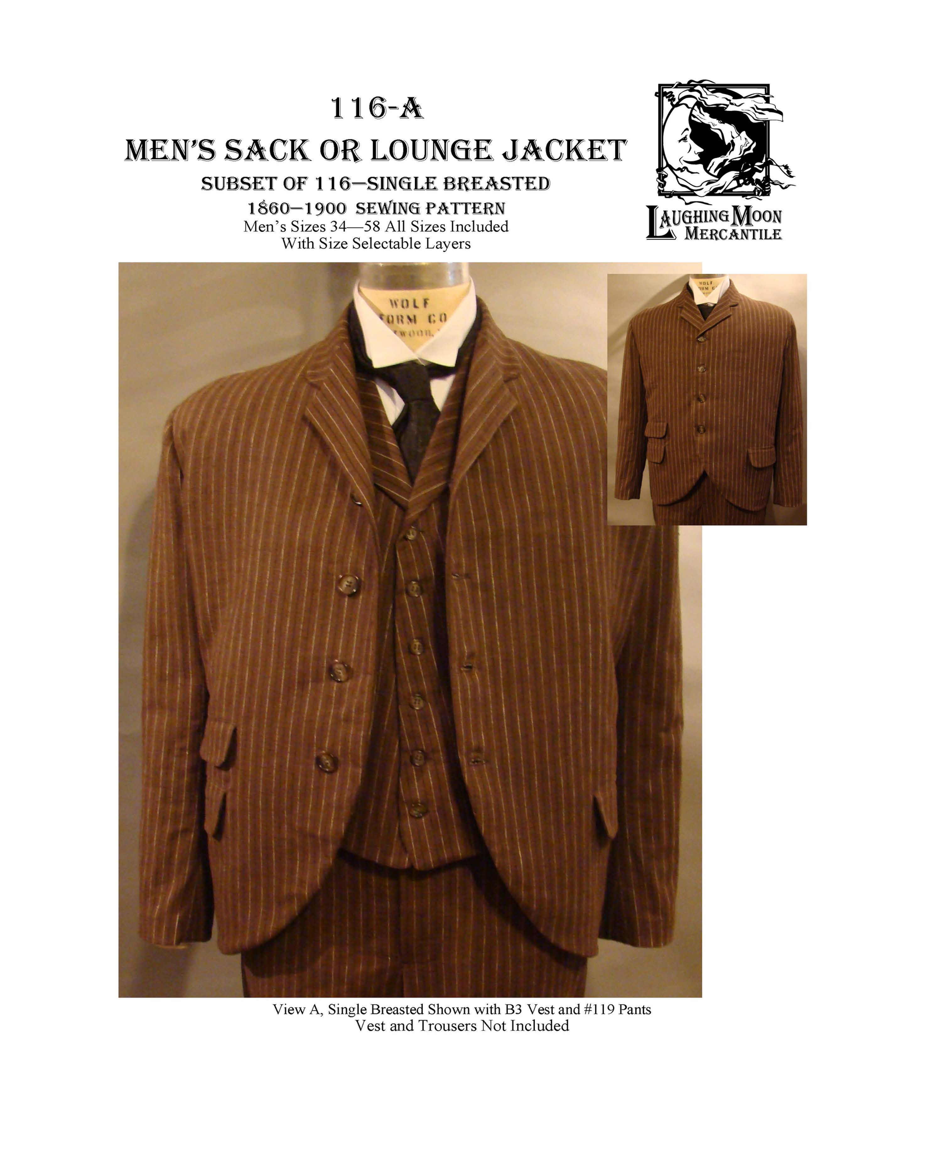 116-A Men's Sack or Lounge Jacket Victorian Edwardian