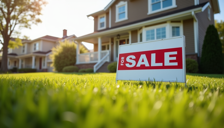 Eye-level view of a suburban house with a "For Sale" sign in front