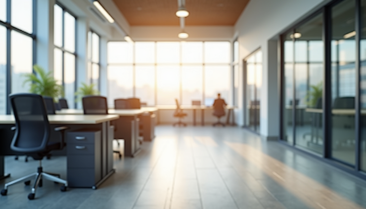 Eye-level view of a modern workspace with natural light and organized desks