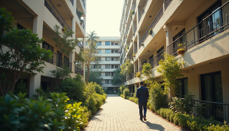 Eye-level view of a residential building exterior with balconies and greenery