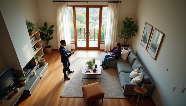 High angle view of a real estate agent showing a house to a couple