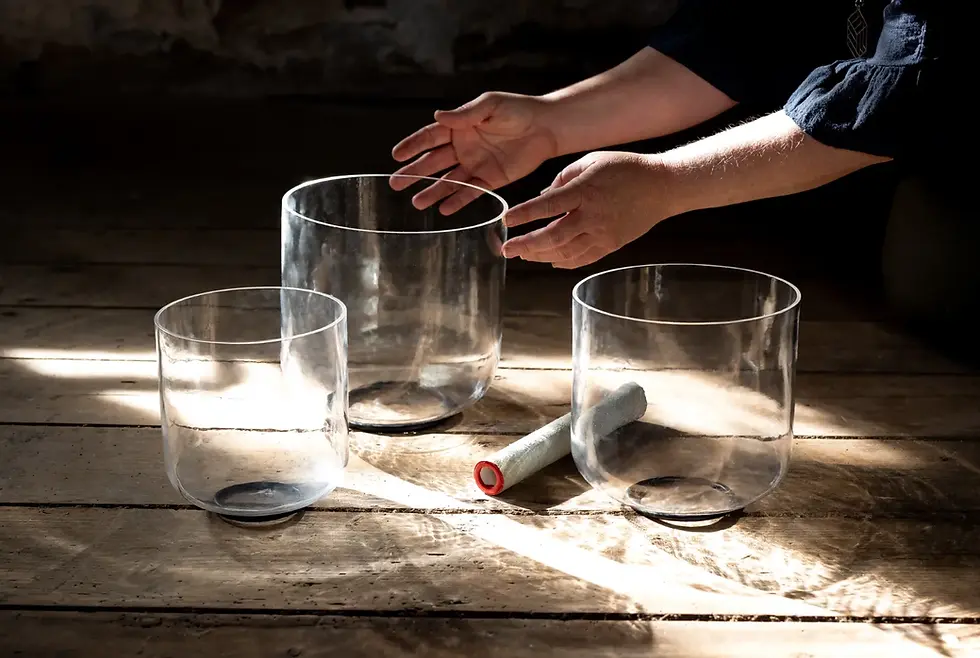 sun light coming throug crystal bowls