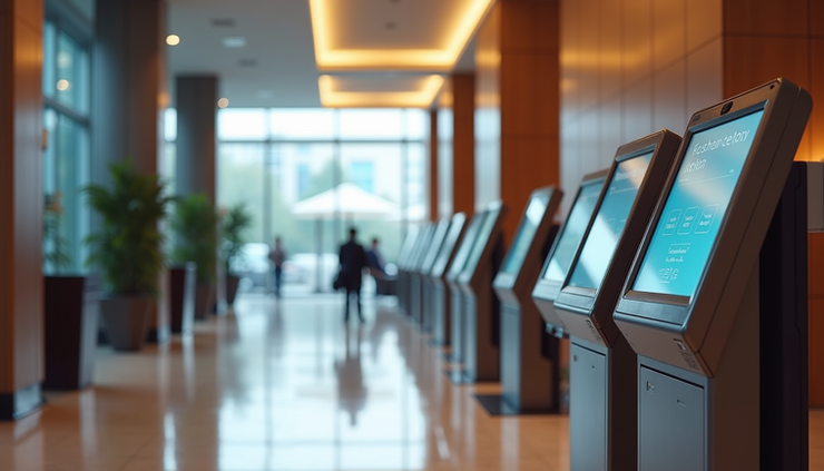 Eye-level view of a modern hotel lobby with digital check-in kiosks