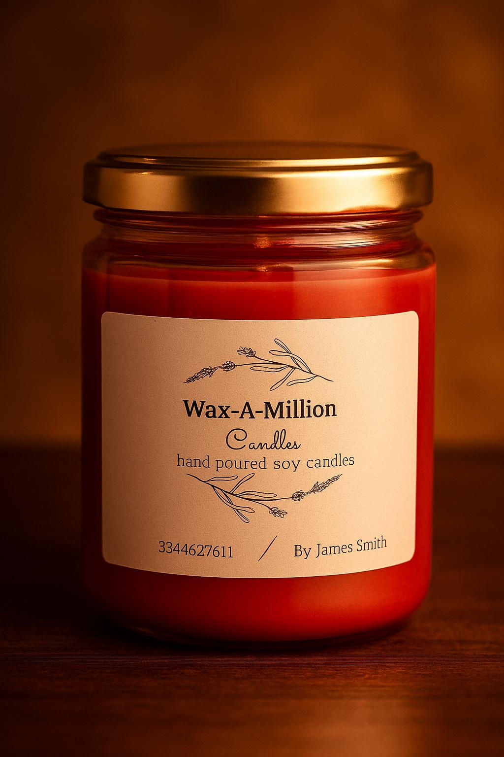 Red Wax-A-Million Candles soy candle with label and James Smith byline.