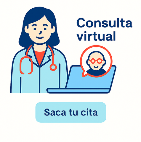 Ilustración de doctora con laptop y paciente en videollamada. Consulta virtual médica.