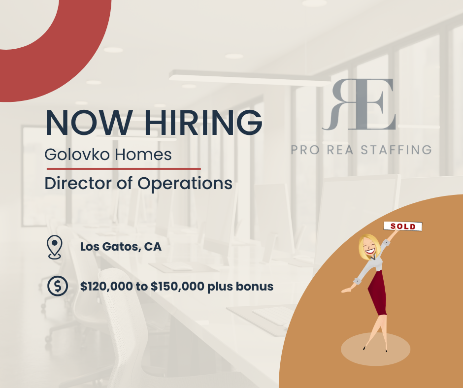 Colorful cartoon-style illustration of a woman smiling and holding a “Now Hiring” sign, advertising a Director of Operations role for a real estate business.