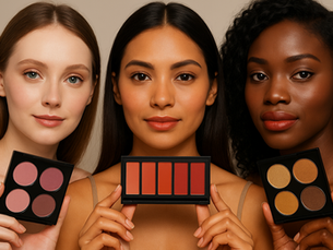 re donne con carnagioni diverse – chiara, olivastra e scura – osservano una palette make up con vari colori, scena estetica e professionale
