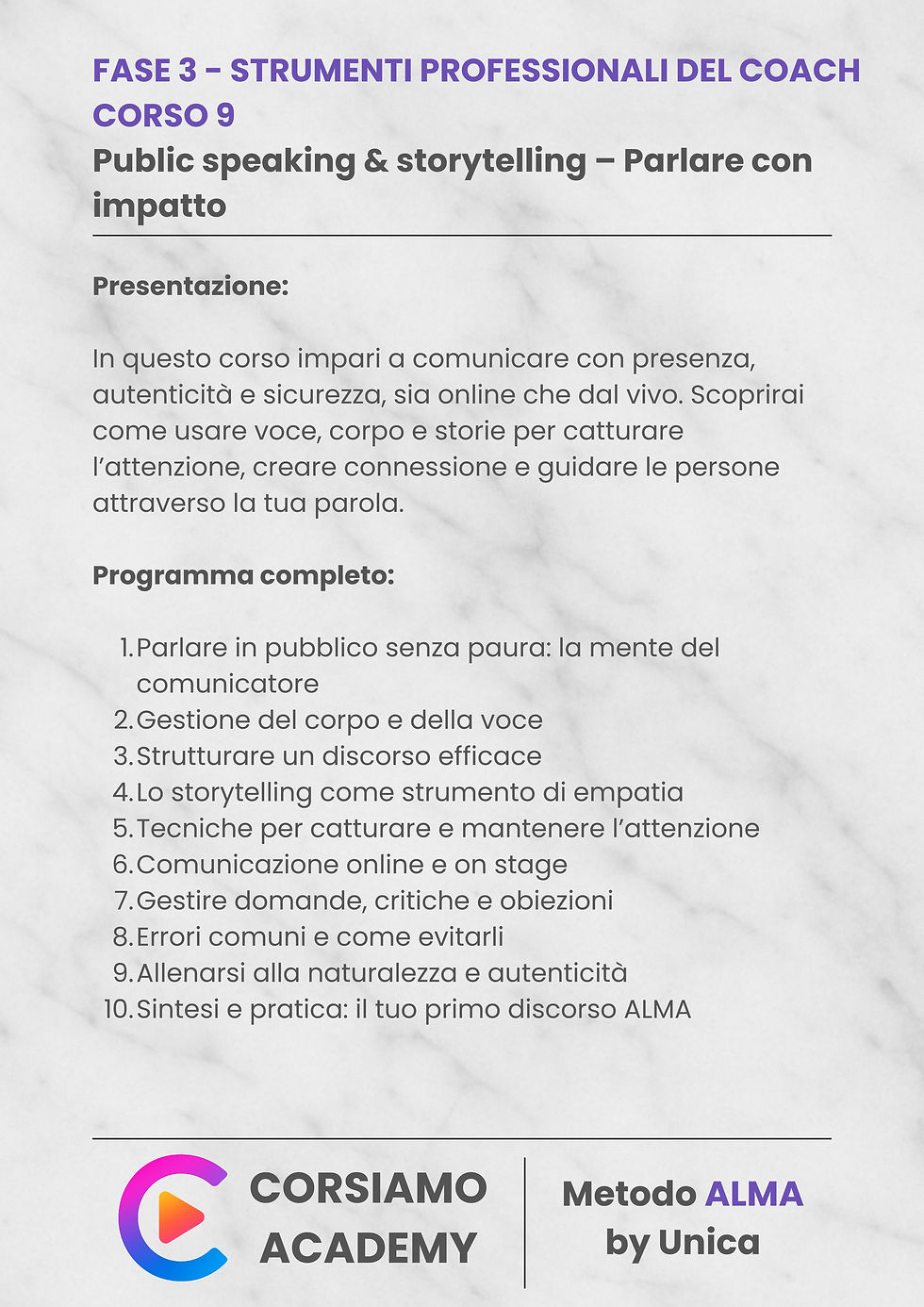 Programma Corso Public speaking & storytelling - La voce della Coach ALMA