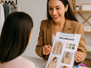 Consulente d'immagine che mostra a una cliente una moodboard personalizzata