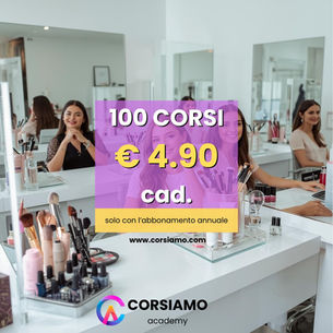 Aula di formazione estetica con studentesse e strumenti beauty. Testo promozionale: 100 corsi a 4,99 € cad. Solo con l’abbonamento annuale.