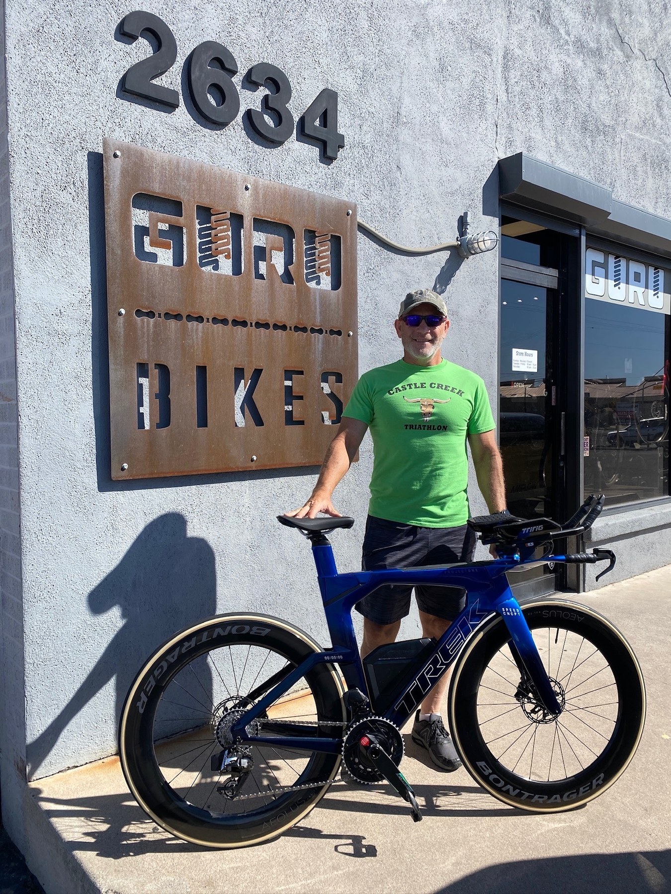 A rider outside Guru Bikes