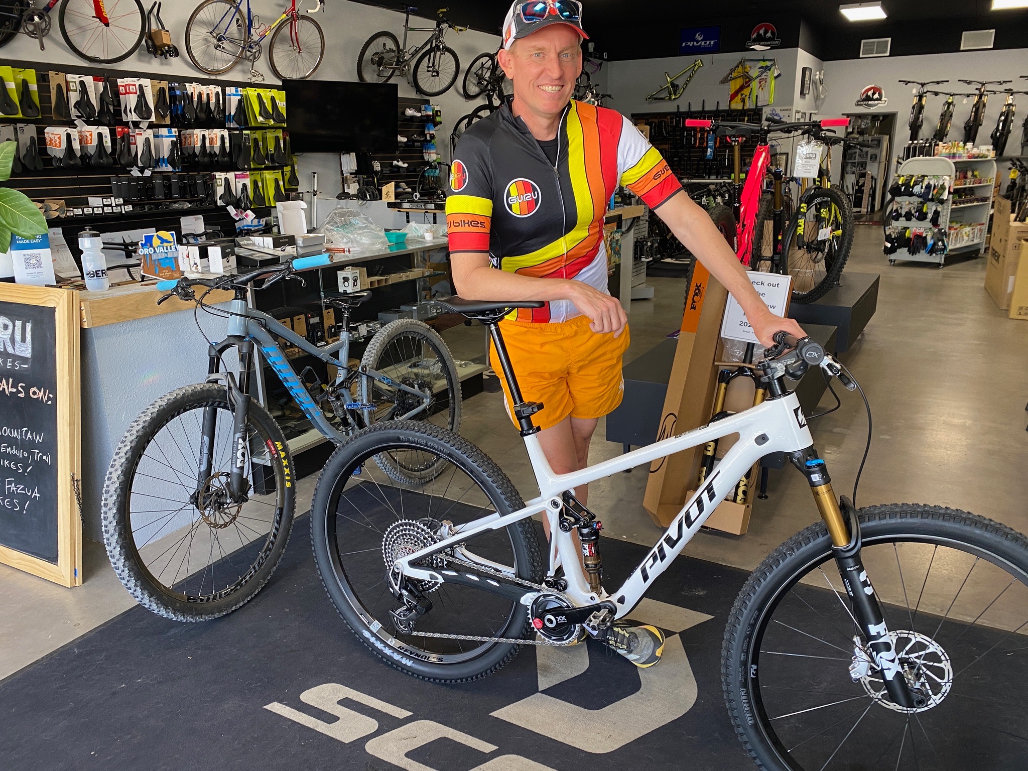 Mountain bike rider in the Guru Bikes fitting studio