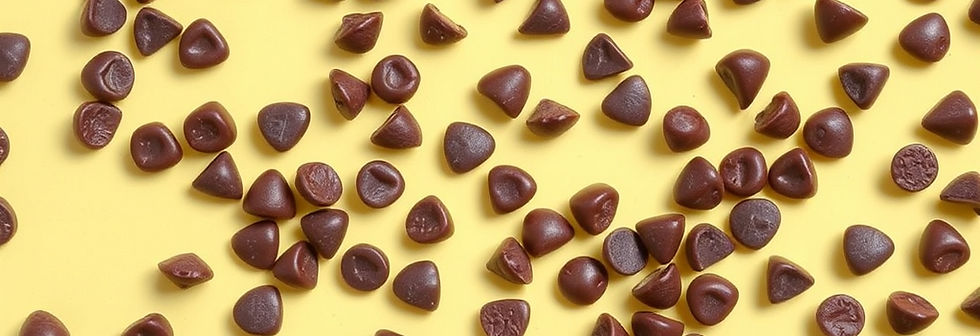 top view of scattered chocolate chips on a light pastel yellow surface.jpg