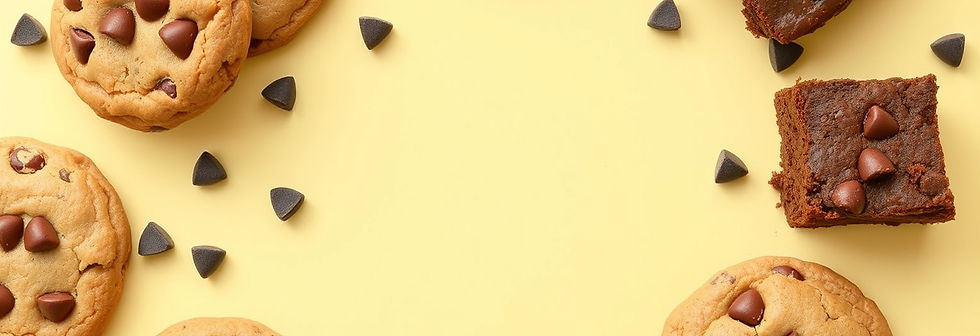 top view of large chocolate chip cookies and brownies on light pastel yellow surface.jpg
