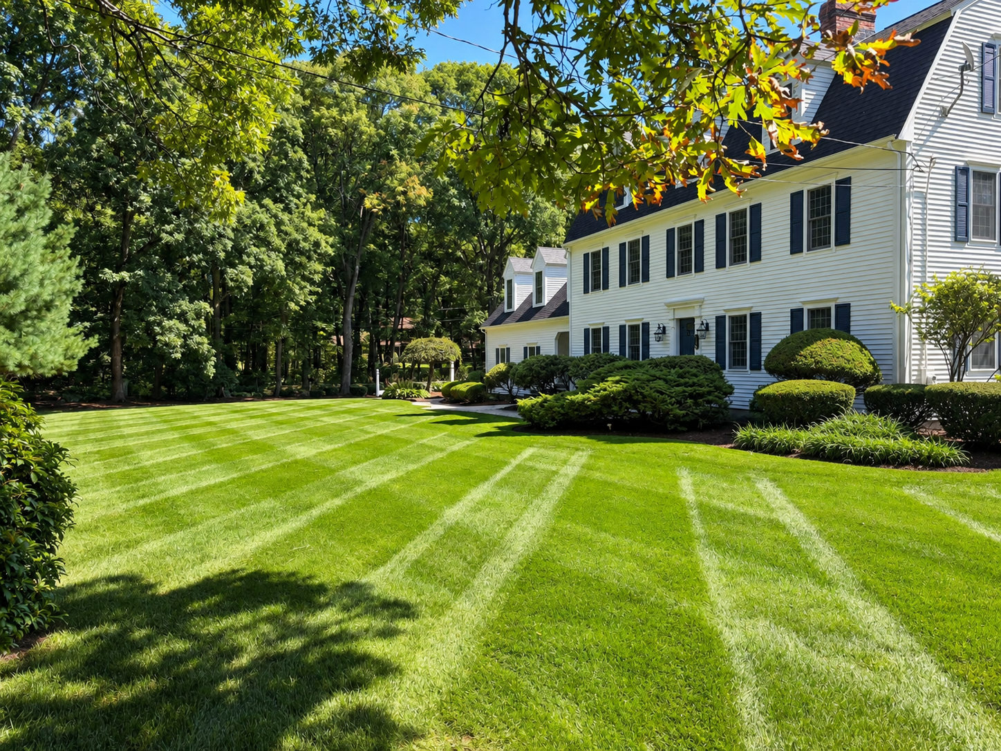 Crisply striped lawn on a professionally maintained New England property