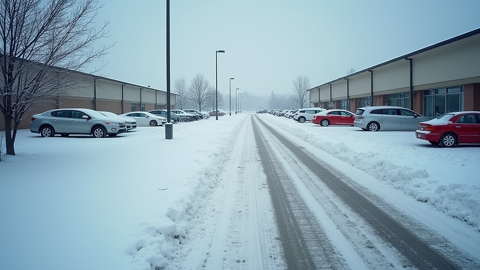 High angle view of snow-covered commercial parking lot with plowed paths