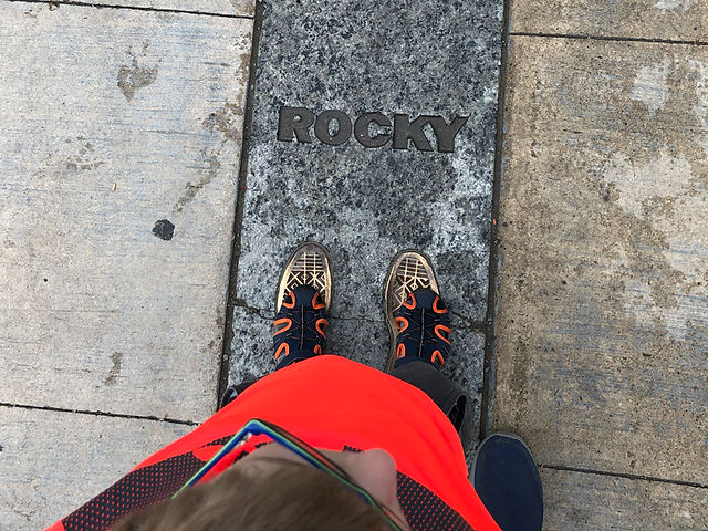 Bronze footprints mark the location atop the steps where Rocky Balboa turned toward downtown and raised his arms in triumph while training.