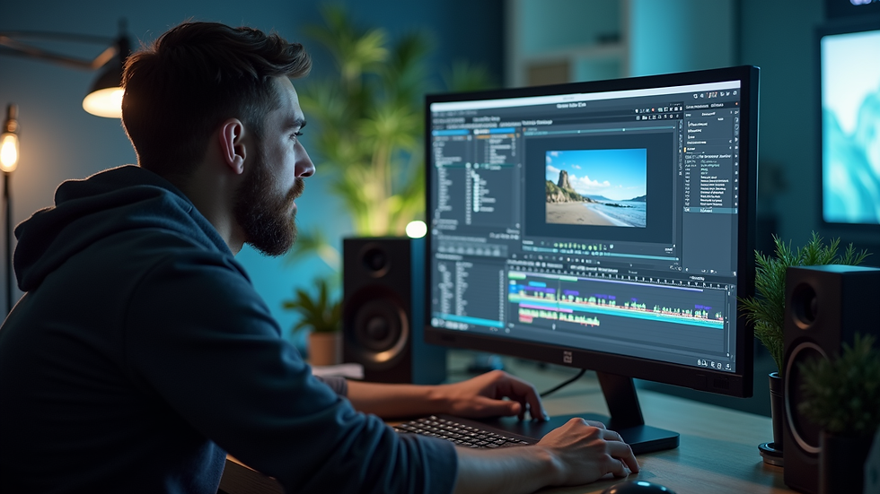 Close-up view of a video editor working on a high-resolution monitor
