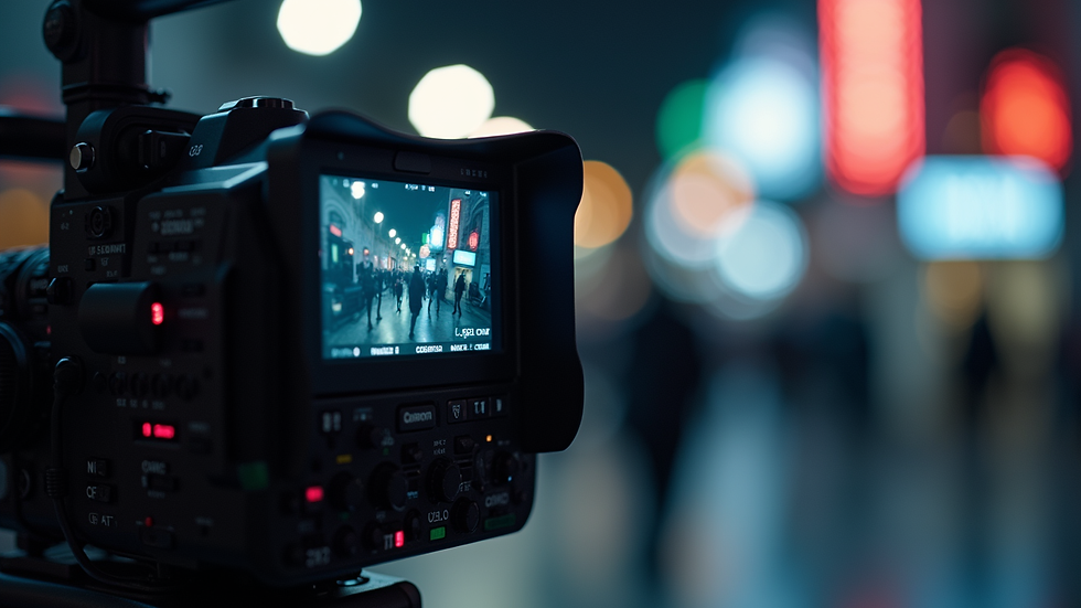 Close-up view of a professional video camera with 4K display screen