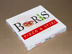 Esempio di immagine coordinata del logo di una pizzeria utilizzato su un cartone per le pizze