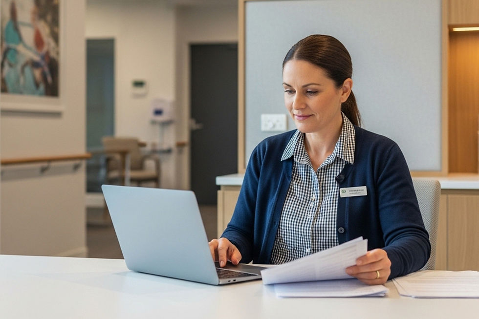 Aged care manager reviewing reports while working on a laptop in a modern residential care facility office.