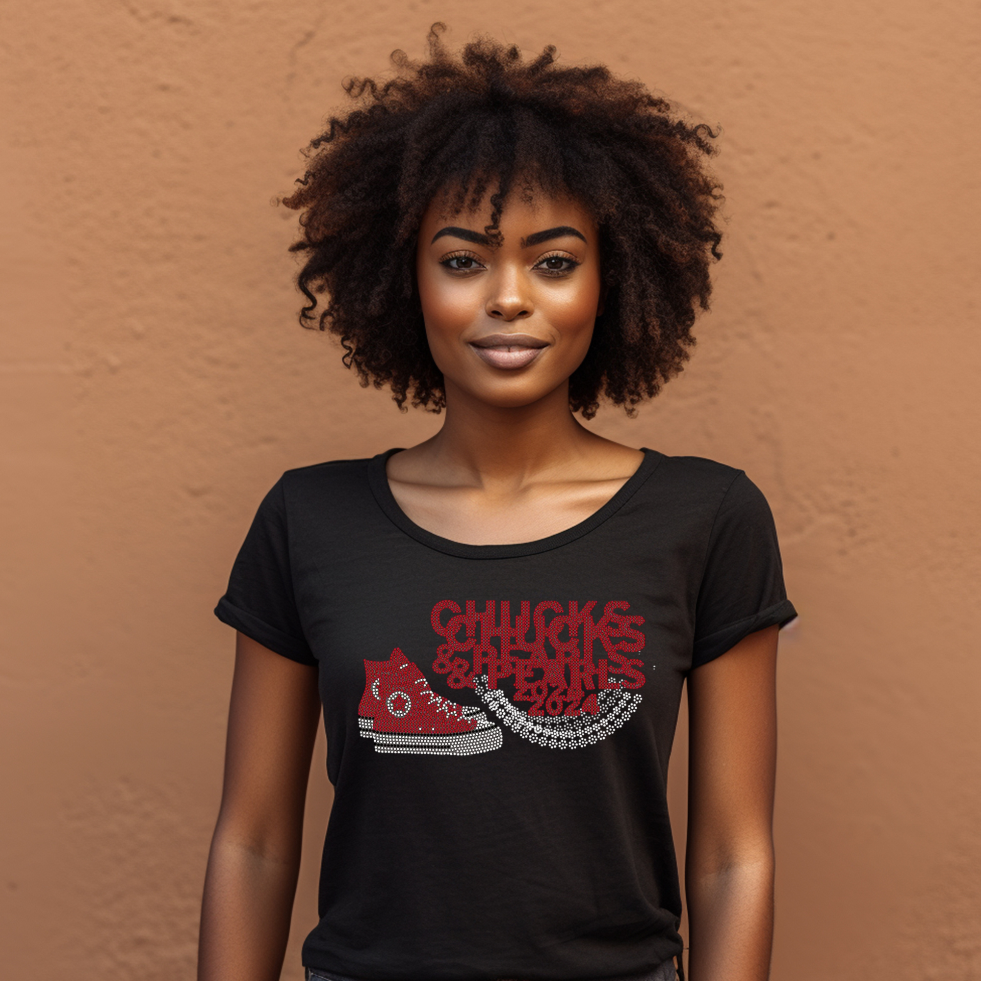 Chucks & Pearl Red Sneaker Rhinestone Women's T-shirt