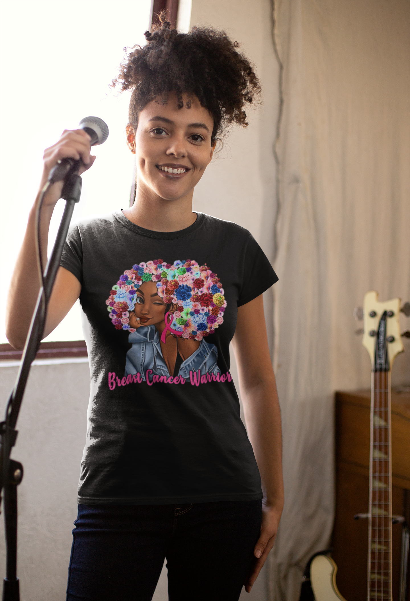 Breast Cancer Warrior Flower Vinyl Transfer Vinyl Ladies T-Shirt