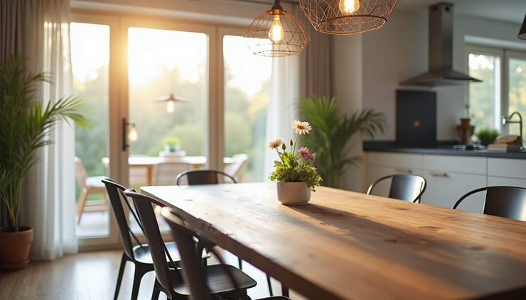 Close-up of a rustic wooden dining table with modern metal chairs