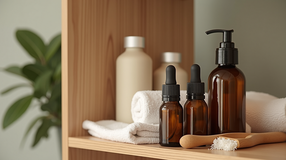 Close-up view of essential oils and massage tools on a therapy shelf