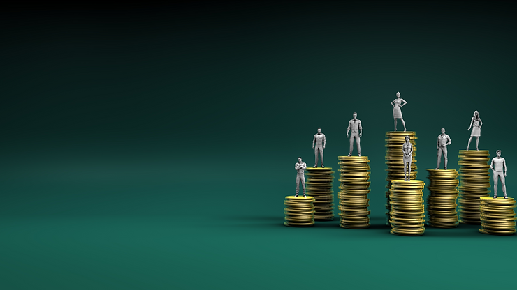 Conceptual image of figures on stacks of coins, symbolizing the tiered structure of income and the impact of the new earnings threshold on employment protections in South Africa.