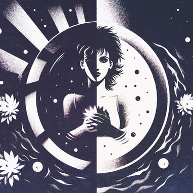 A high contrast design showing a woman holding a locus flower surrounded by waves and lotus flowers