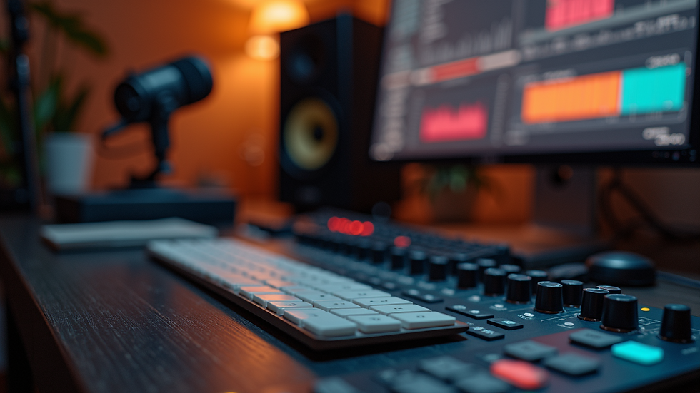 Close-up view of a podcast host’s equipment